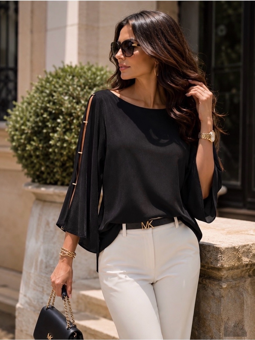 Michael Kors Black Long Sleeve Top with Bell Sleeves